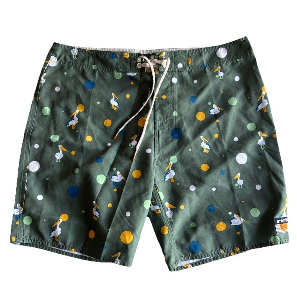 AMBSN Pelican Polka Dot Board Shorts Men’s Size 34 Green Swim Trunks Surf